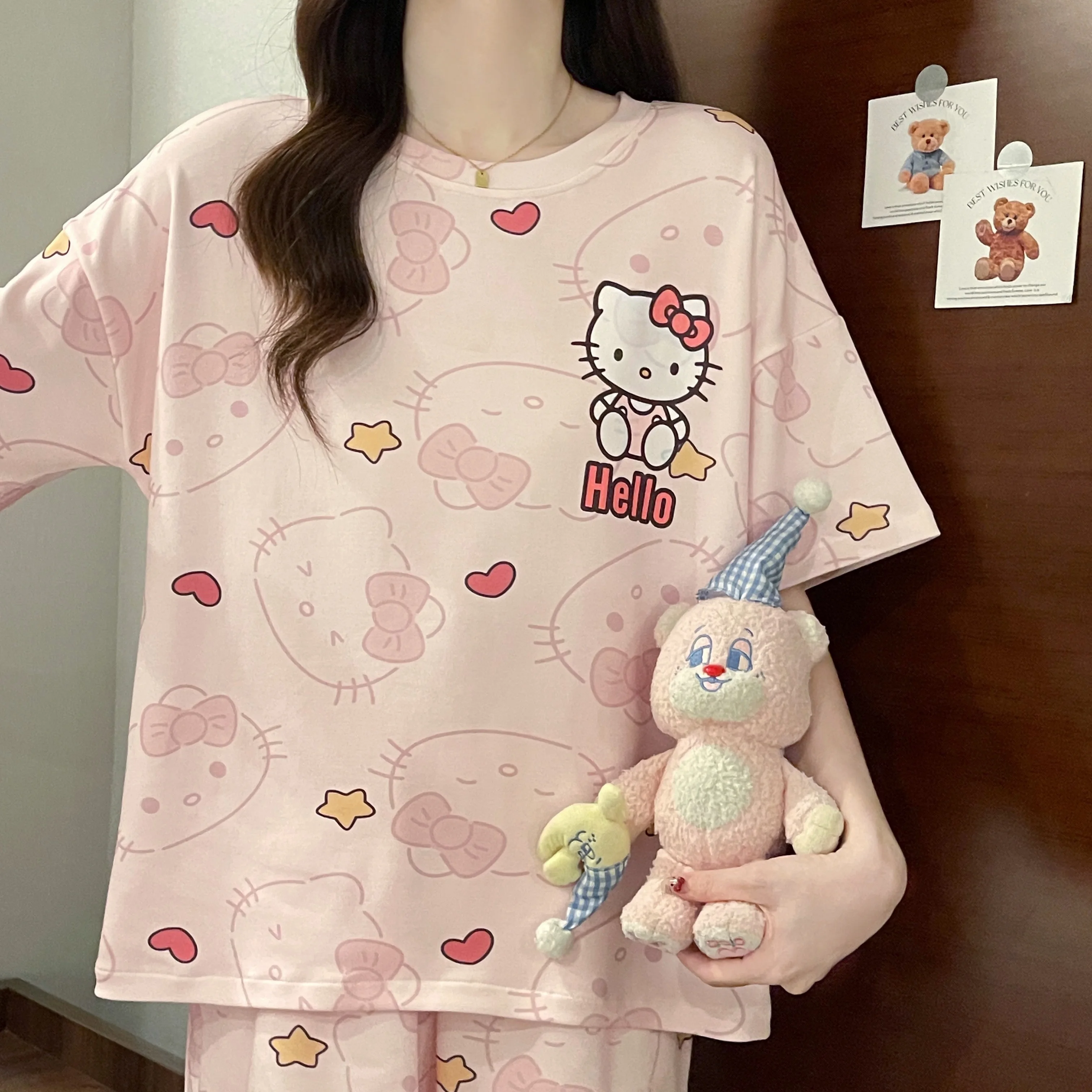 

Новые летние пижамы hellokitty Cat с милым мультяшным рисунком, можно носить на улице, комплект домашней одежды