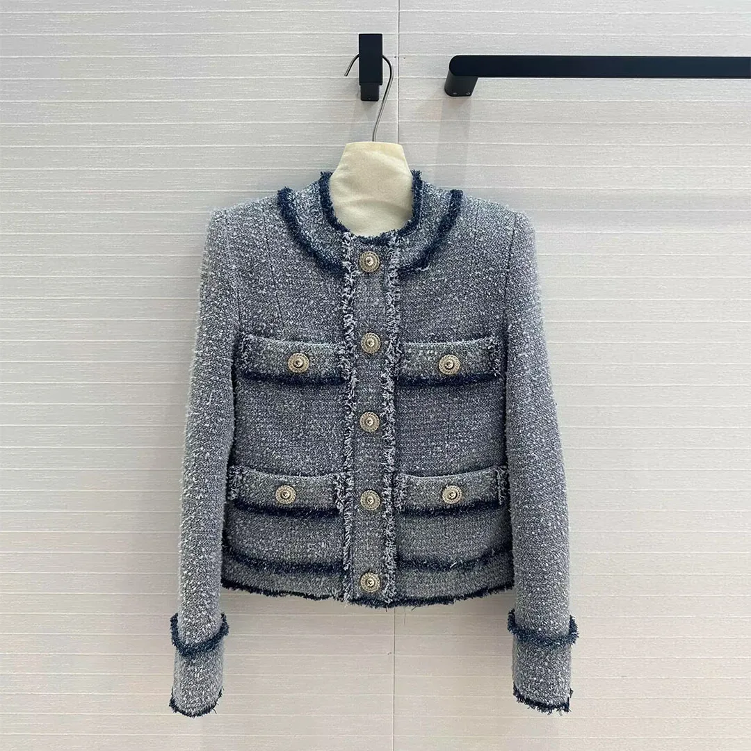 New Spring Autumn Vintage Blue Woven Tweed Jacket Women O-neck Tassel Long Sleeve Silver Buttons Pockets Sweet Designer Coat