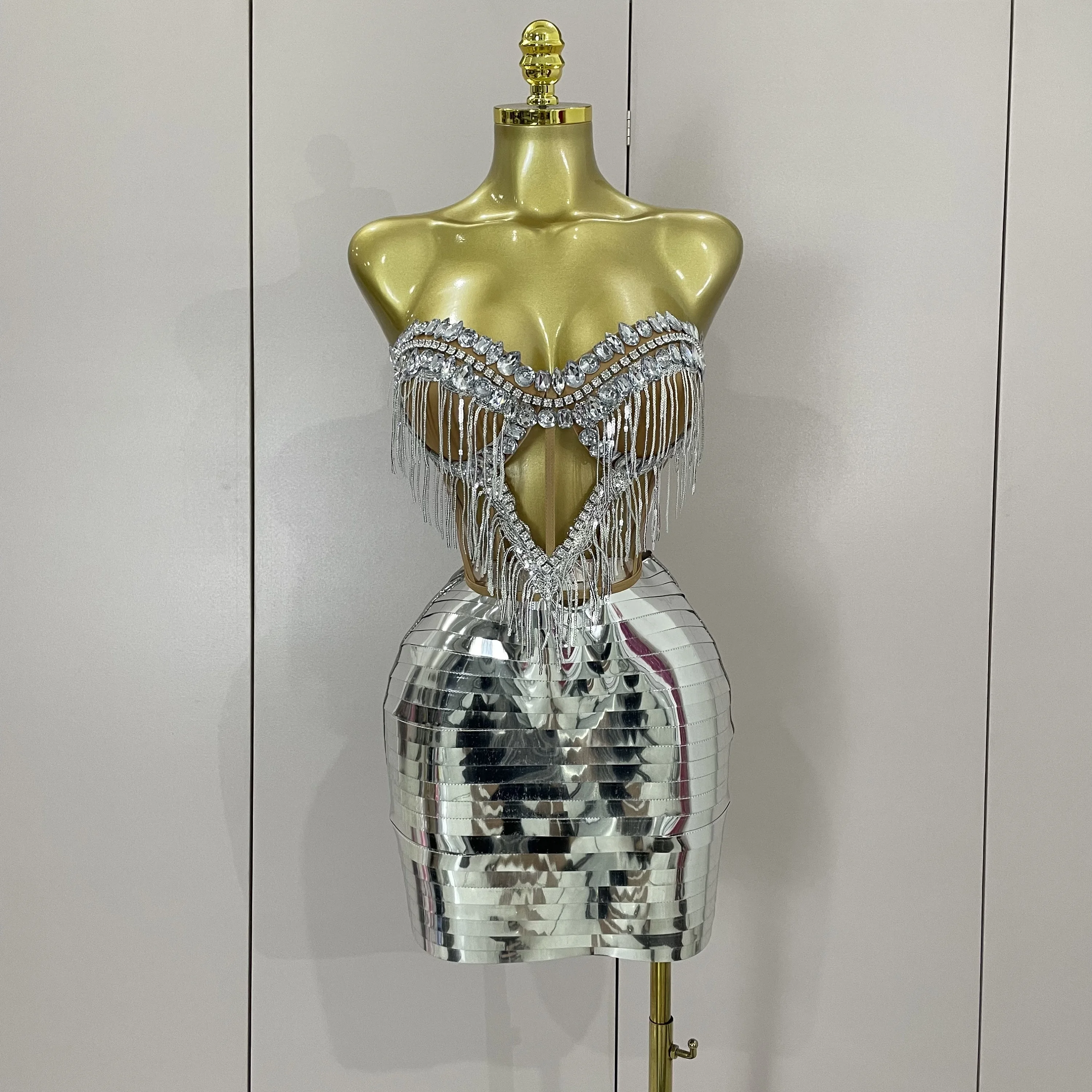 Women Sparkly Rhinstones Tassels Strapless Top Skirt Two-piec Set Sexy Designer Nightclub Evening Birthday Party Stage Outfit