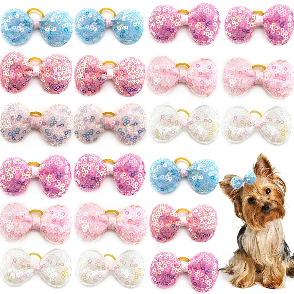 10 pcs Sequin Style Small Dog Hair Bows with Rubber Bands Yorkshire Hair Decorate Pet Grooming Accessories