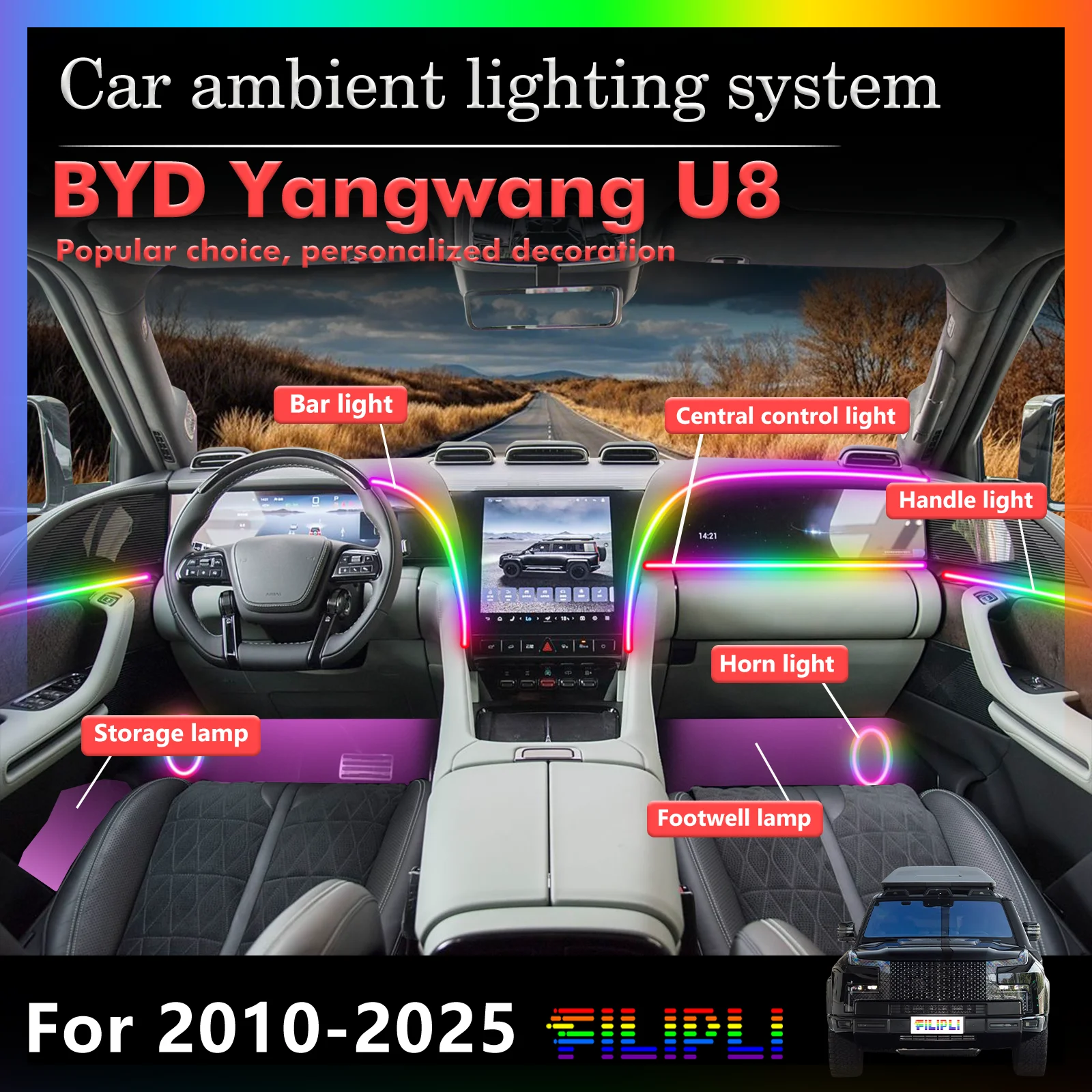 For BYD Yangwang U8 Premium Stealth Design Acrylic Auto Interior Ambient Lighting with RGB Audio Interaction APP-enabled