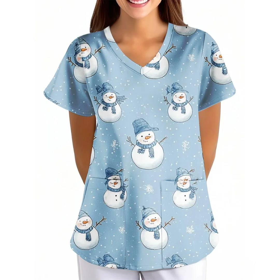 Leuke Kerstman Scrubs voor Vrouwen Tops V-hals Korte Mouw Plus Size Tops Kerst Print Verpleegster Werken Uniformen met Zakken Top