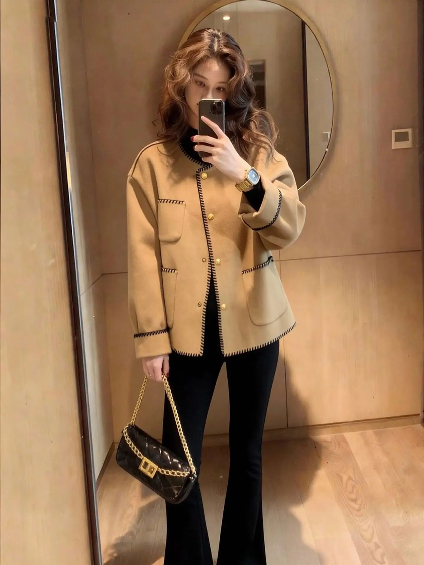 

Женская верхняя одежда свободного кроя цвета хаки, новинка весенней коллекции, для повседневной носки, с высокой талией, в стиле колор-блок, для работы и отдыха