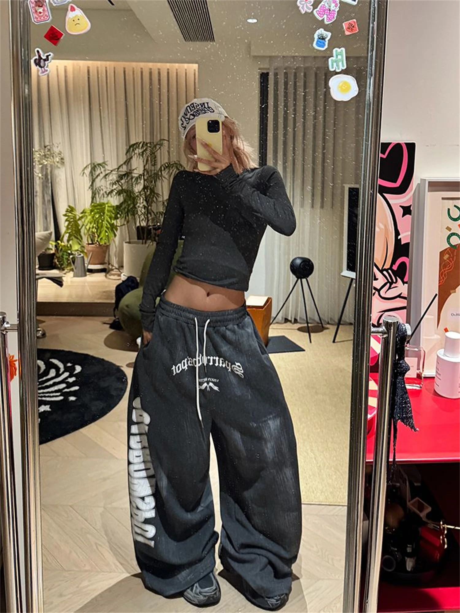 Y2K Women's Dark Grey Wide Leg Sweatpants 2025 New Fashion Letter Print Distressed Drawstring Waist Casual Streetwear Trousers