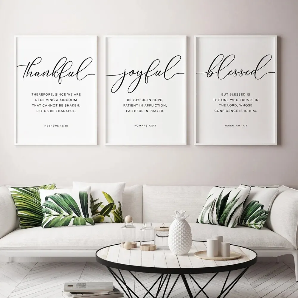 3pcs/Set Hebrews 12:28 Thankful Joyful Blessed Bible Verse Scripture Wall Art Canvas Painting Posters For Living Room Home Decor