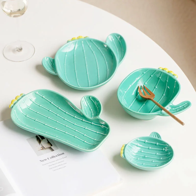 

Creative Ceramic Cartoon Cactus Plate Household Breakfast Snack Tray Afternoon Tea Dessert Plate Dip Saucer Bowl Tableware Set
