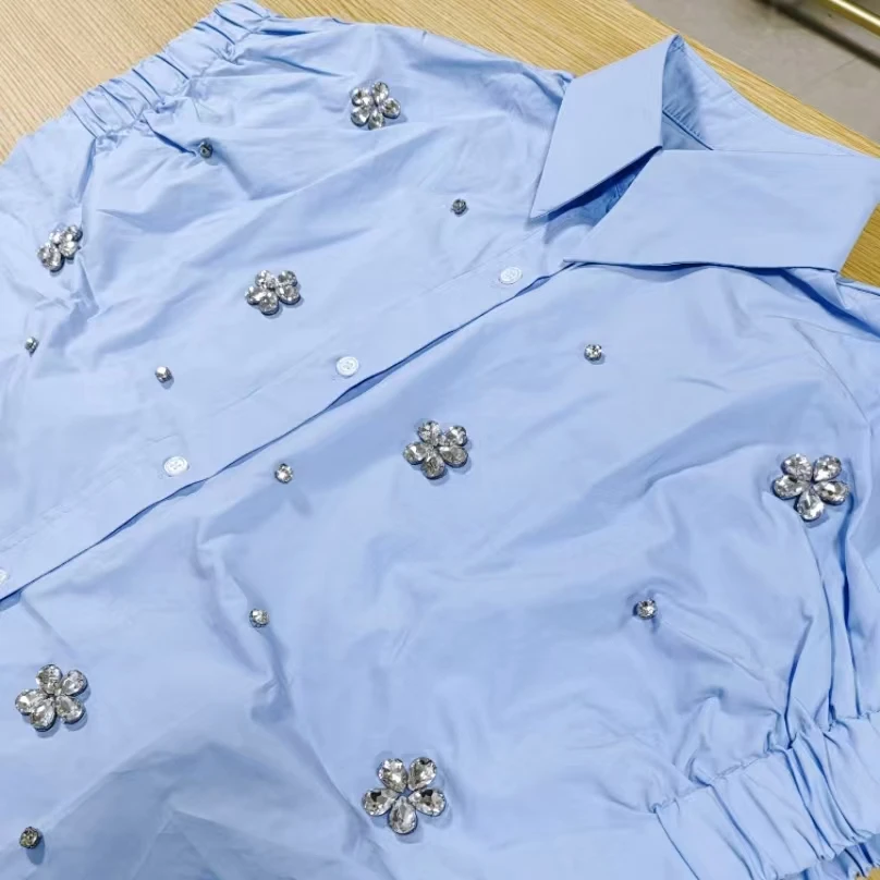 

Real Photo New In 2025 Summer Diamonds Flowers Embroidery Shirts Blouses For Women Short Sleeve Loose Casual Top Woman Clothes