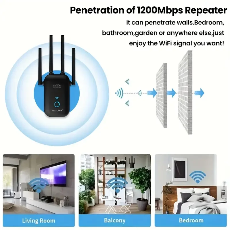 Fix Slow Internet in Bedroom PIX-LINK AC35 1200Mbps Dual Band WiFi Extender 4 Antennas MU-MIMO Repeater for Gaming Streaming