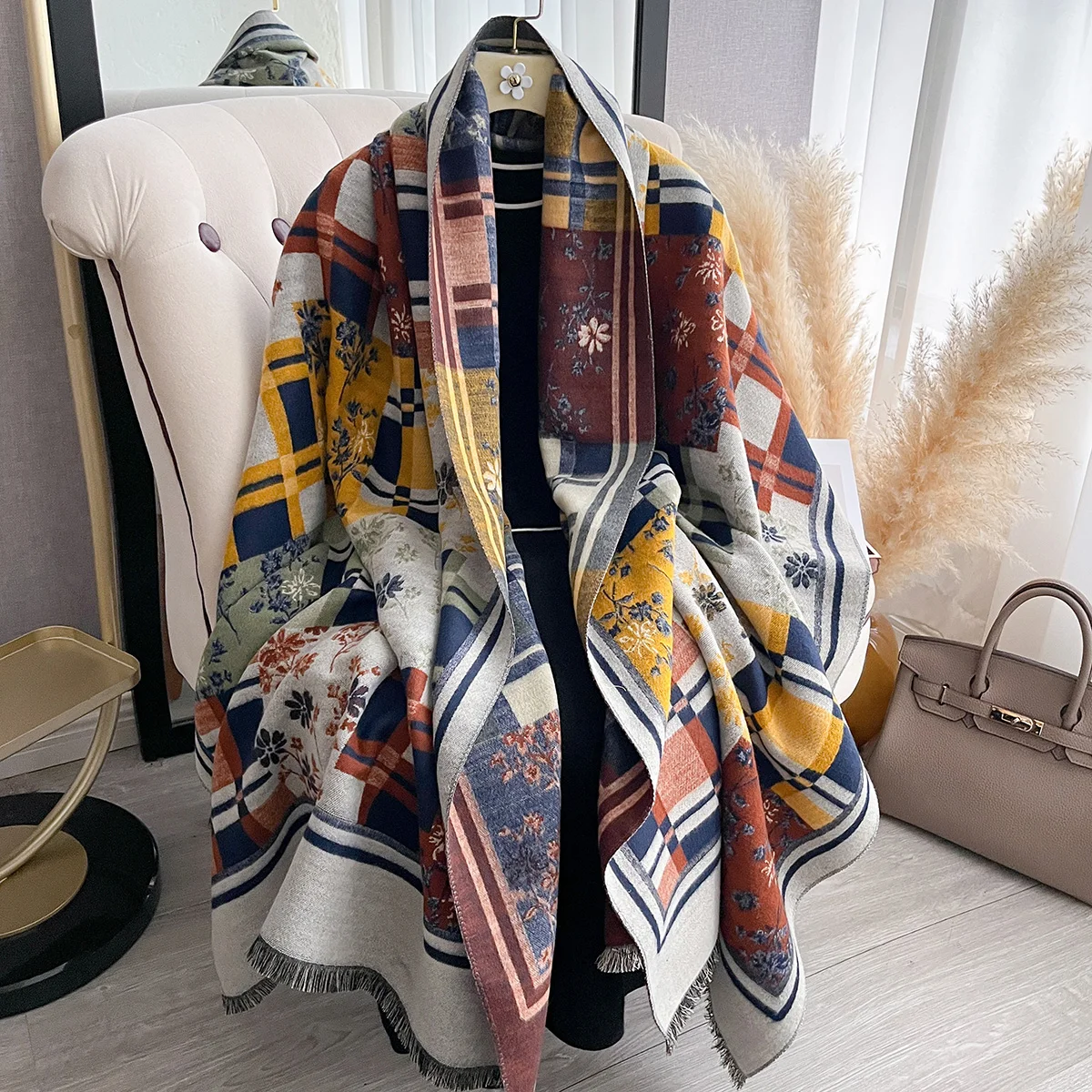 

Women's Thick Warm Winter Plaid Print Imitation Cashmere Pashmina Shawl - Knitted Faux Cashmere Lady Wrap Scarf Blanket Foulard