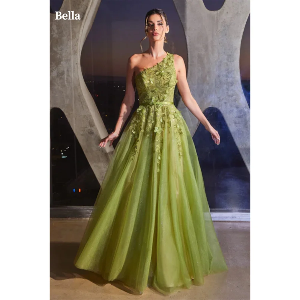 Bella Green One Shoulder Prom Dresses Tulle Floor-length فساتين سهرة Elegant Sleeveless A-line Shiny Vestidos De Fiesta 2024