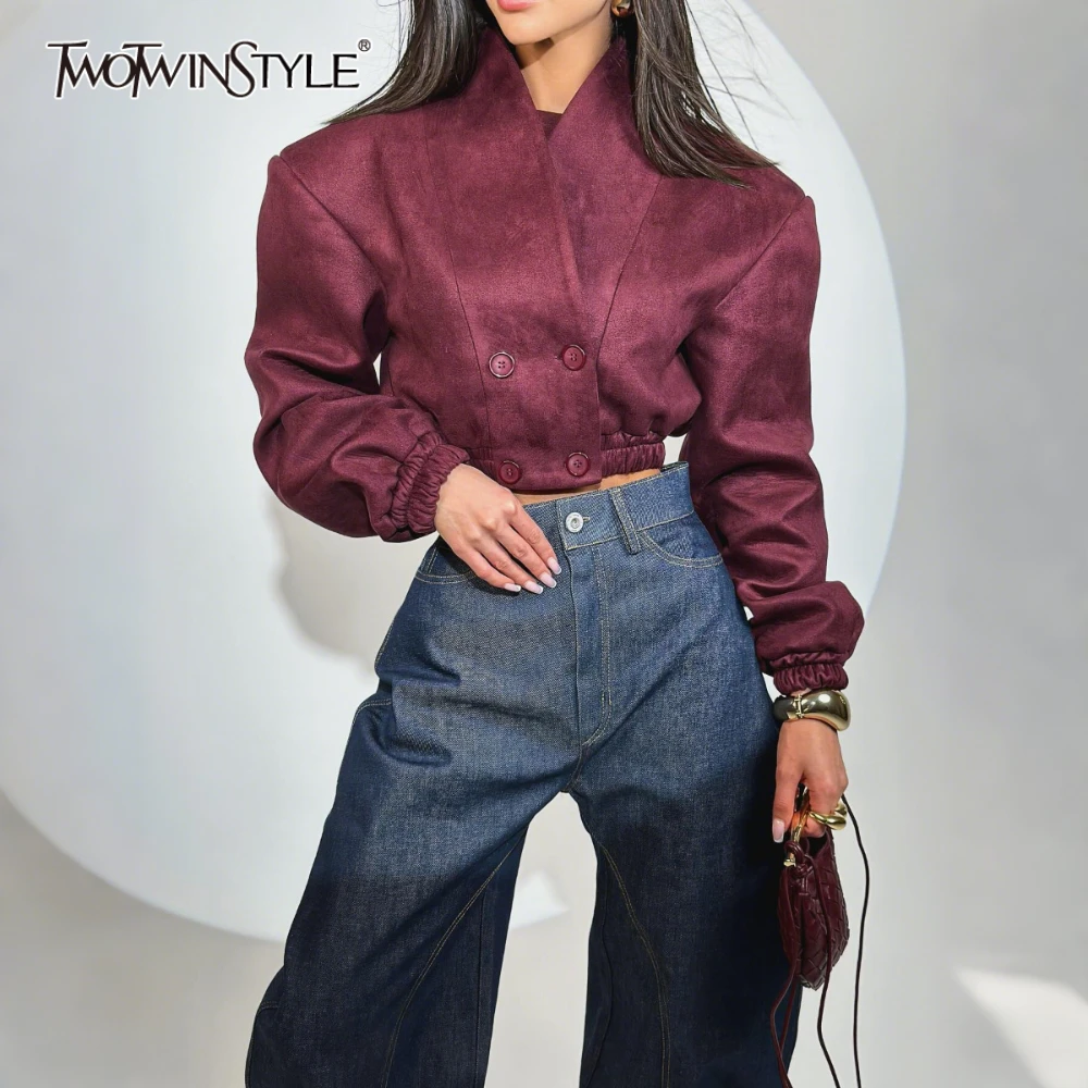 

TWOTWINSTYLE Winered French Retro Slim Coats for Women V Neck Spliced Double Breasted Long Sleeved Short Jackets Female Fashion