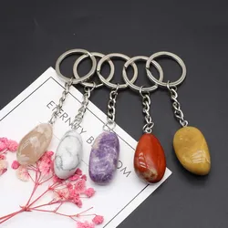Natural Stone Key Chain Gem Reiki Healing Quartz Agate Citrine Irregular Stone Pendants Charms Key Chains for Women Men