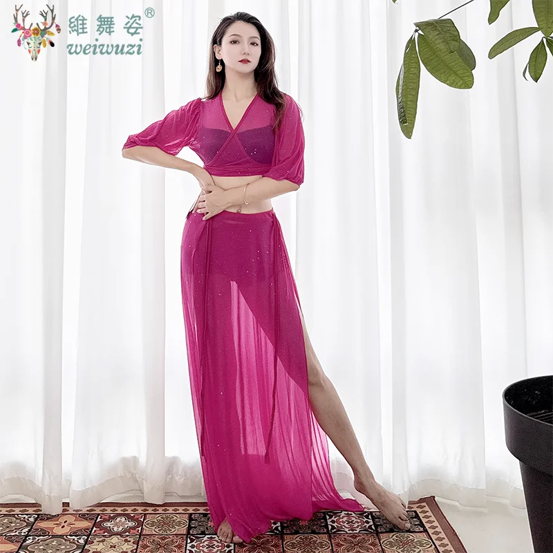 Roupas de prática de dança do ventre para mulheres terno de dança do ventre malha manga curta topo + saia longa sexy feminino roupa de dança oriental