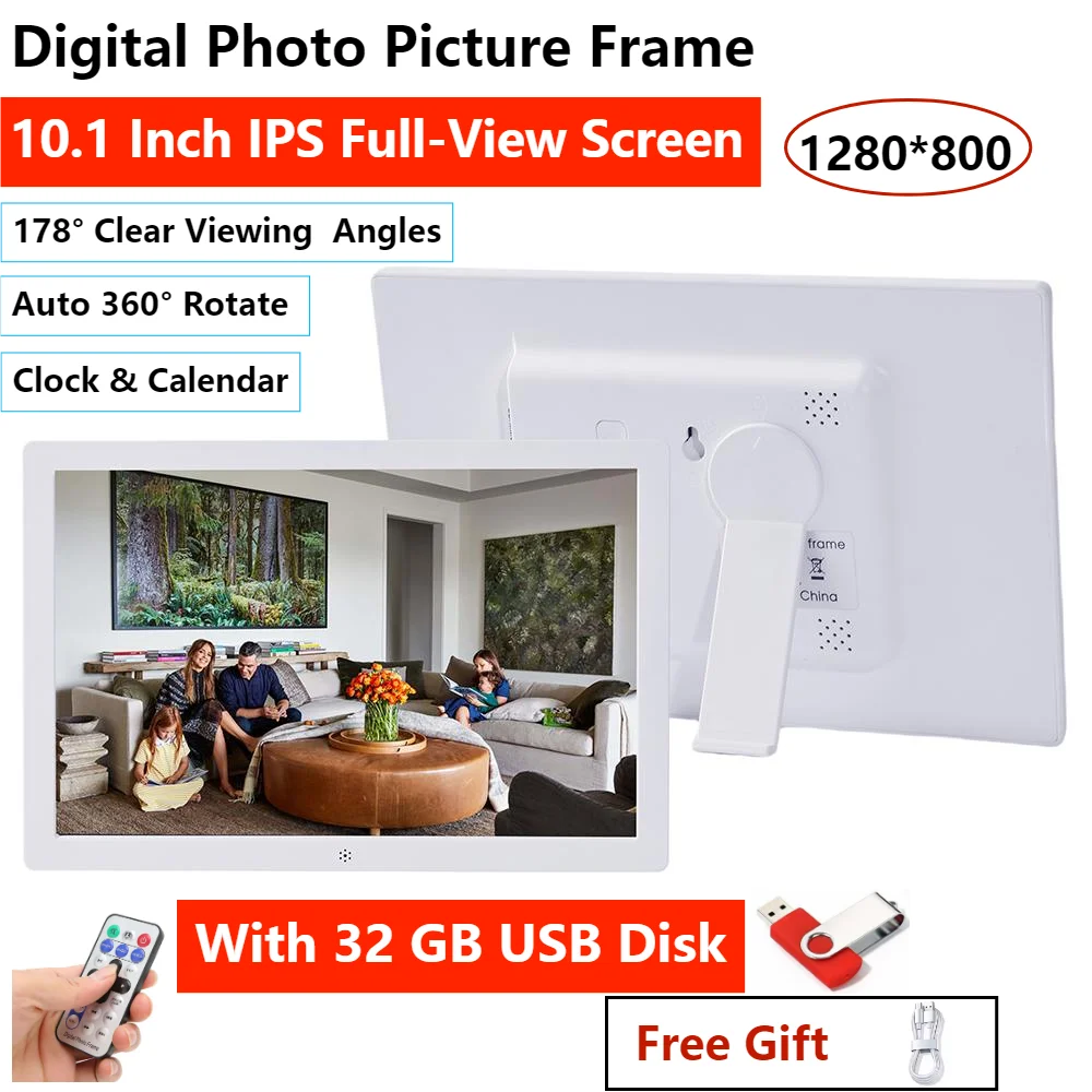 

10.1 Inch HD IPS Digital Picture Frame 1280*800 Full-View Screen with Remote Control 360° Rotation With Clock Calendar For Gift