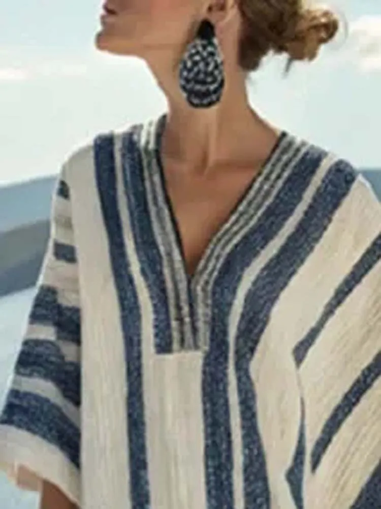 Summer Loose Batwing Sleeve Boho Dress Vestidos Casual Retro Ethnic Beach Style Dress Elegant Striped Print V Neck Holiday Dress