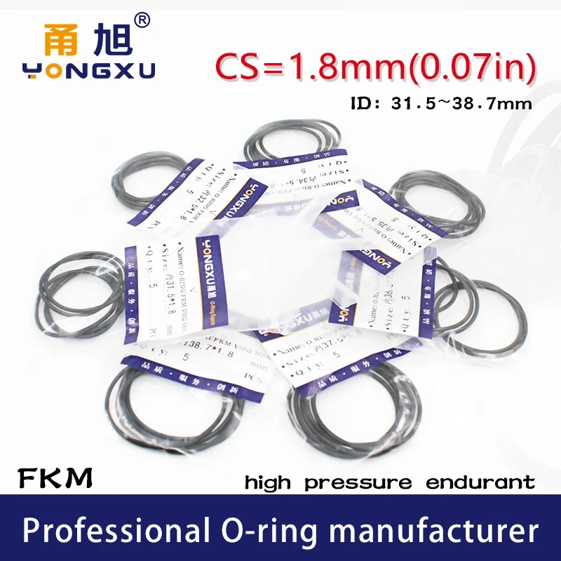 5PCS/lot Black FKM Fluorine Rubber O-rings Seals CS1.8mm ID31.5/32.5/34.5/35.5/36.5/37.5/38.7*1.8mm O Ring Seal Gasket Washer