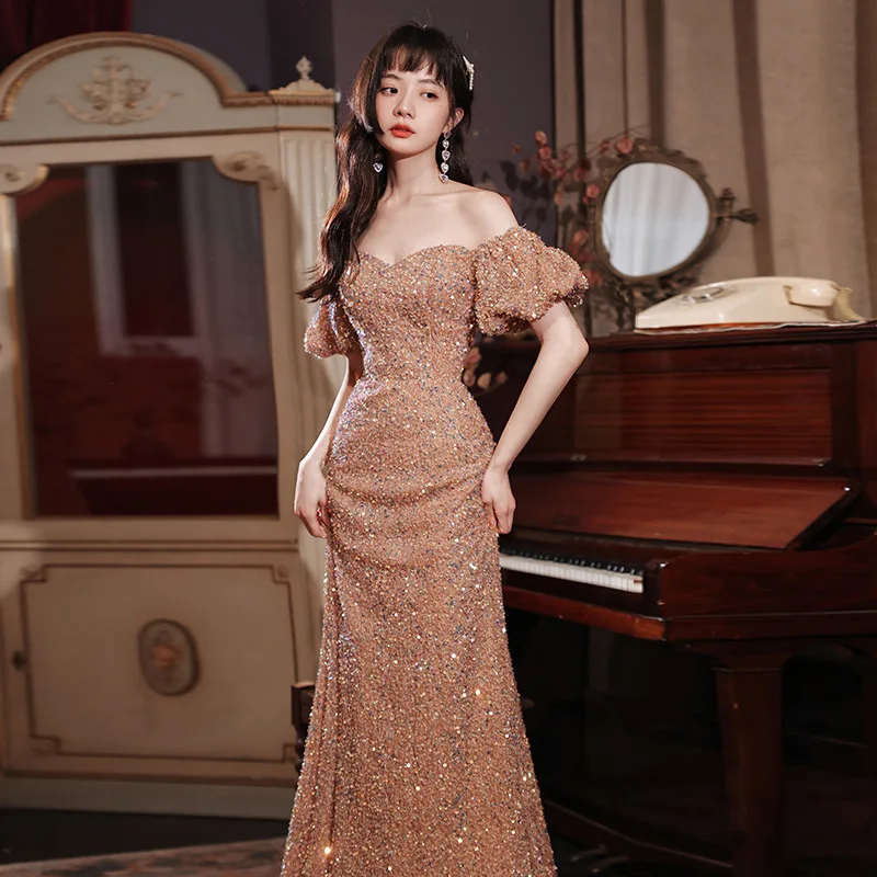 

Elegant Sequin Design For Women's Evening Gowns Slimfit Backless Floor Length Dress Light Luxury Solid Color Vneck Formal Dress