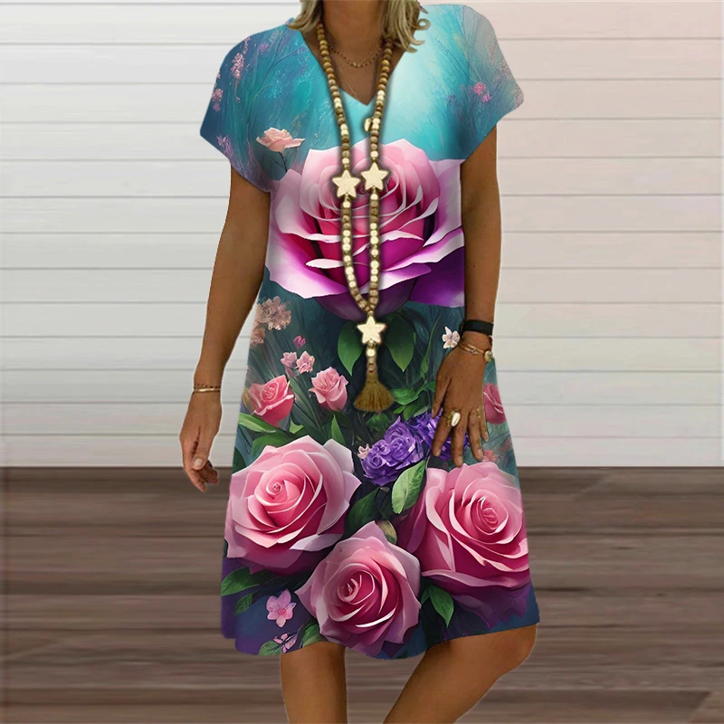 Summer Women\'s Dress For Vintage 3D Flower Print A-Line Dress Short Sleeve V-Neck Oversized Women Clothing New Sundress Vestidos