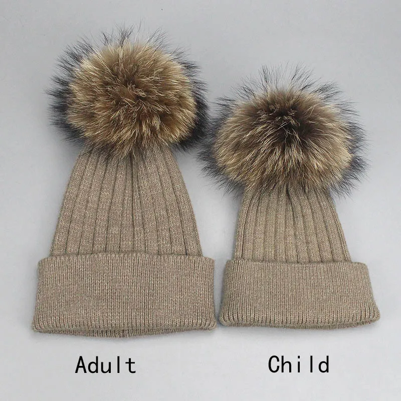 Mom and Baby Pompon Warm Hats Imitation Raccoon Fur Bobble Beanie Kids Cotton Knitted Parent-Child Hat Winter Caps