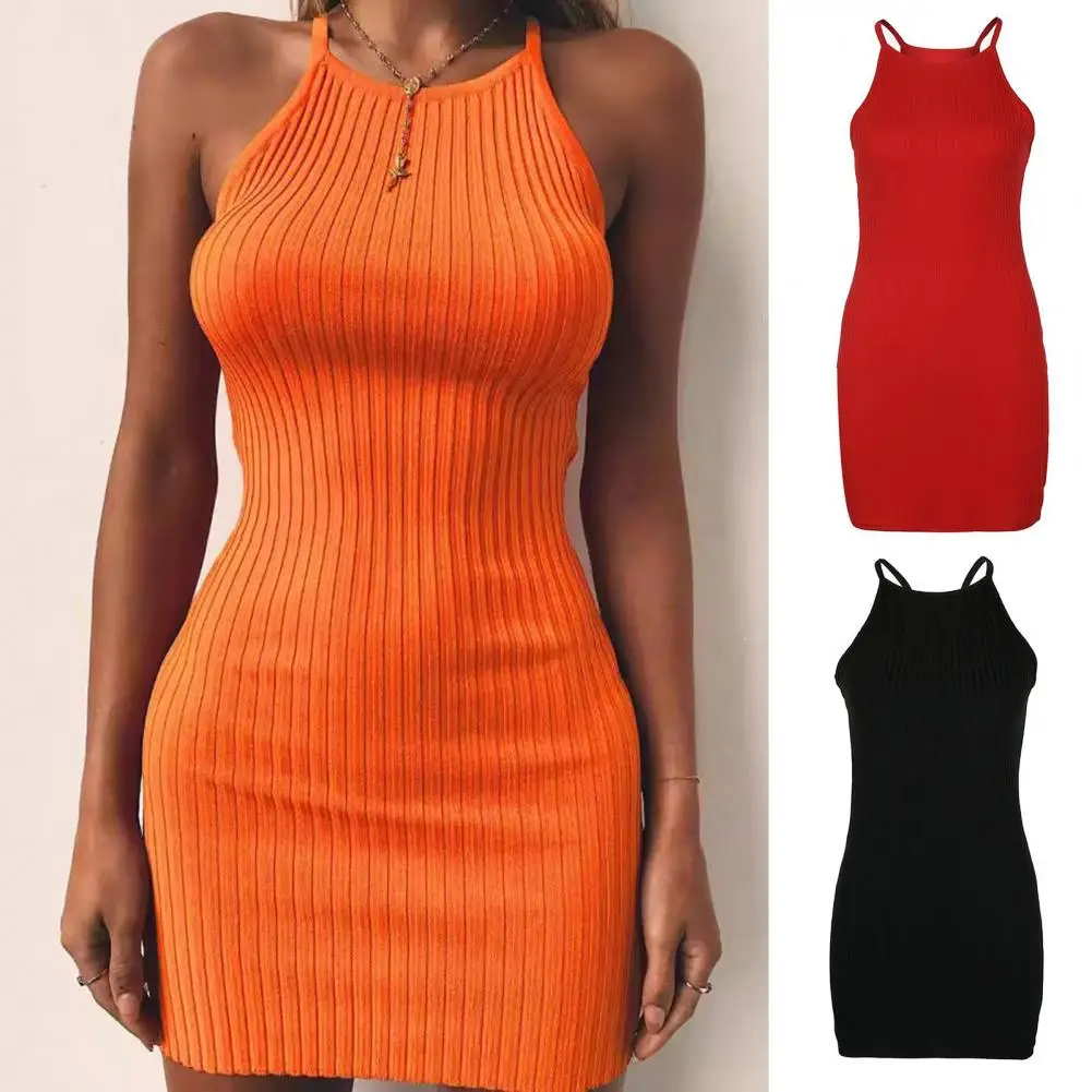 

Skinny Dress Elegant Halter Neck Knitted Mini Dress for Women Off Shoulder Sheath Style Solid Color Above Knee Length Party