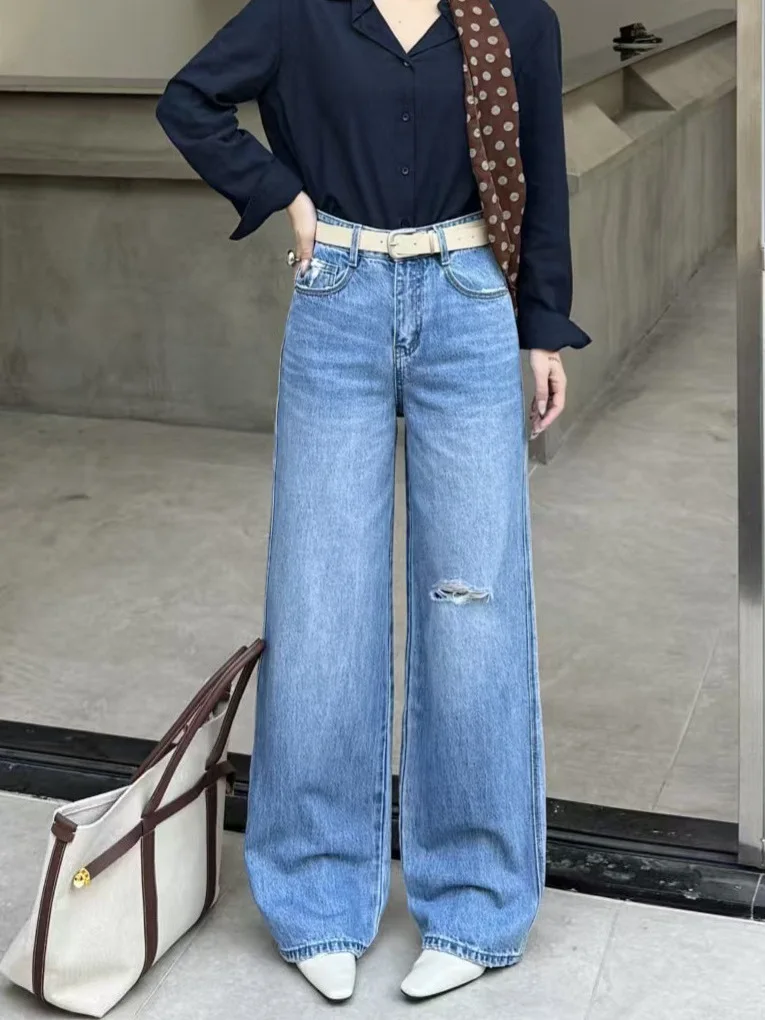 

Classic High Waist Straight Leg Blue Jeans Women's Heavy Du Worn Denim Long Pants Spring New Arrival Cotton Stretchy
