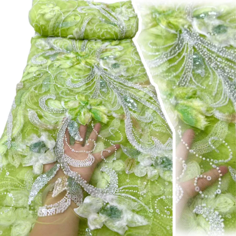 

3D бусины ручной работы с вышивкой перьями, французское кружево с блестками, высококачественная африканская нигерийская ткань для вечернего свадебного платья, 5 лет CC1459