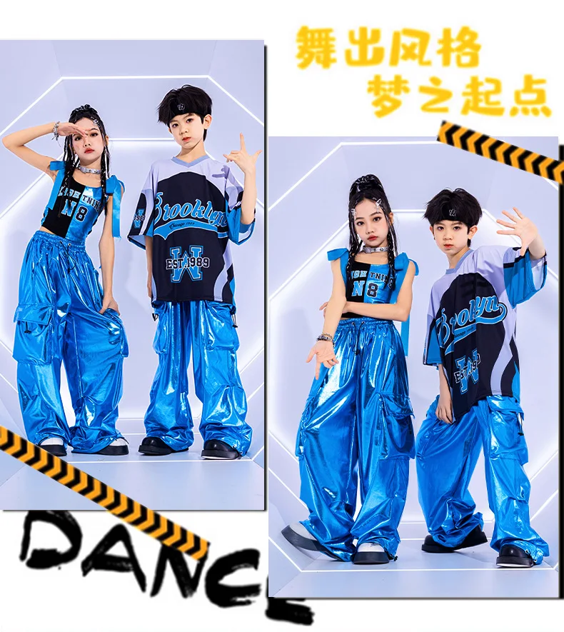 أطفال شارع الرقص الجاز أزياء مسرحية الفتيات الهيب هوب الصيف موضة الأزرق تي شيرتات قصيرة الاكمام الأولاد المنصة المرحلة السراويل البدلة