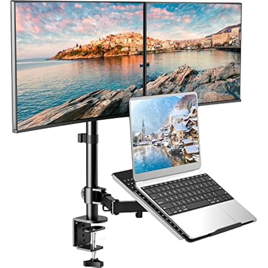 

HUANUO Laptop Mount Height Adjustable Dual Monitor Mount with Laptop Keyboard Tray Fit Two 13 to 27 Inch Flat Curved Computer S