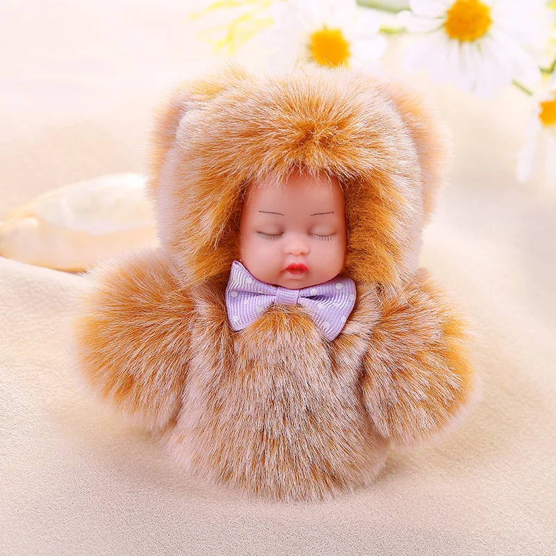 Fashion Faux Rex Rabbit Fur Sleep Baby Key Chain Women Bag Men Car Keychain Girl Trinket Jewelry Party Wedding Toy Chidren Gift