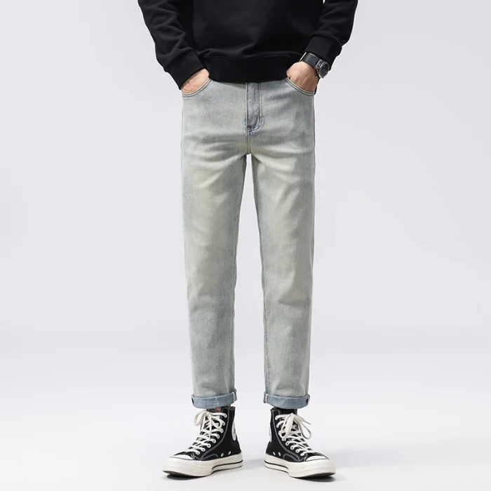 2025 ฤดูใบไม้ร่วงอเมริกันRetroซีเมนต์สีเหลืองDENIMกางเกงยีนส์ผู้ชายเกาหลีสไตล์อินเทรนด์ยืดเรียวตรงกางเกง