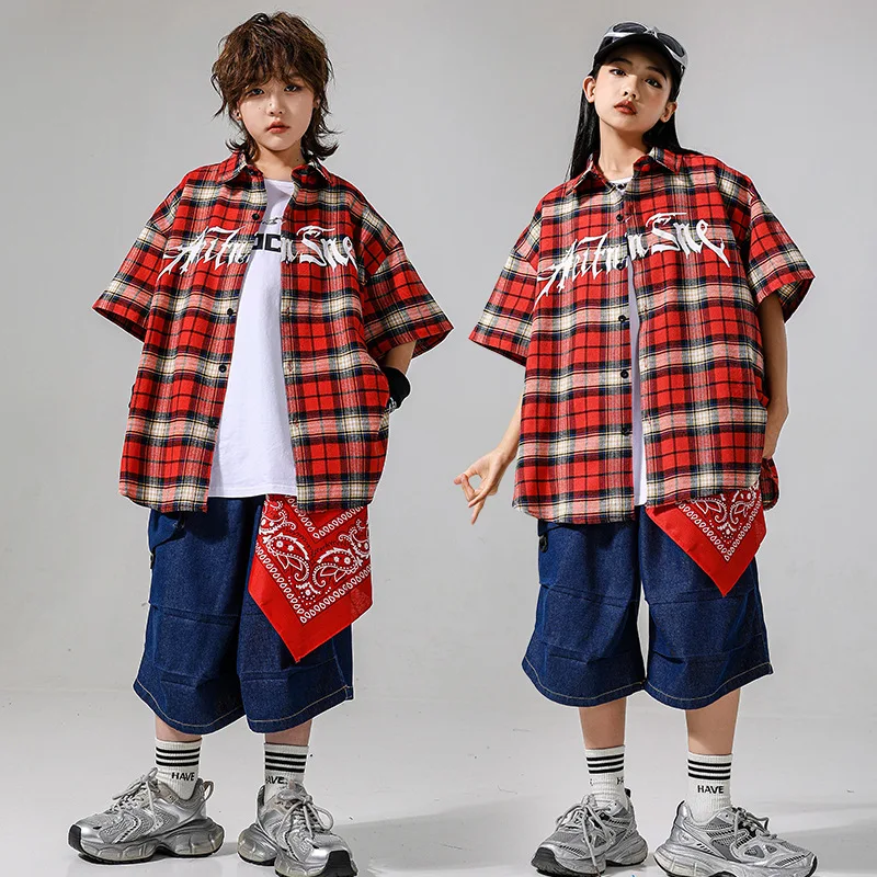 Vêtements Kpop Hip Hop pour enfants, chemise ample à carreaux rouges, Streetwear bleu, short en Denim pour filles et garçons, Costume de danse Jazz