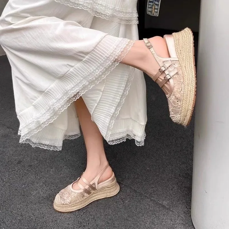 

The 2025 Summer New Bow-tie French Openwork Breathable Thick-soled Wedge Heel Shoes with Mesh Sequins and Toe Caps for Women