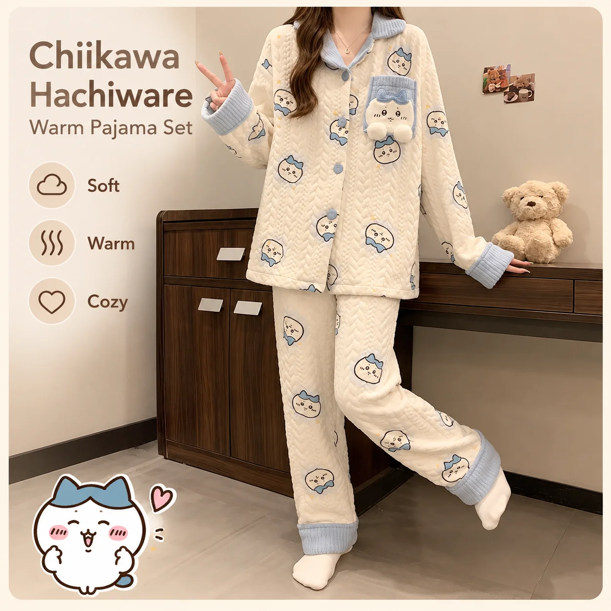 Chiikawa Autumn Winter Ladies Pajama Set Sleepwear Button Up Lapel Pajama Elastic Waist Sleep Pants Warm Home Clothes Gift Girls