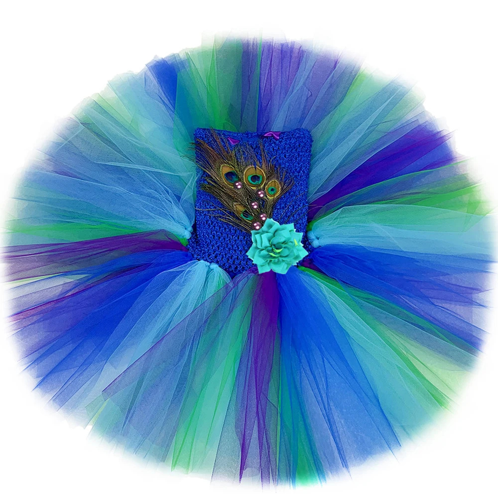 Royalblue Peacock Costumes for Girls Carnival Halloween Fancy Dresses for Kids Birthday Party Tutus Outfit with Flower Feathers