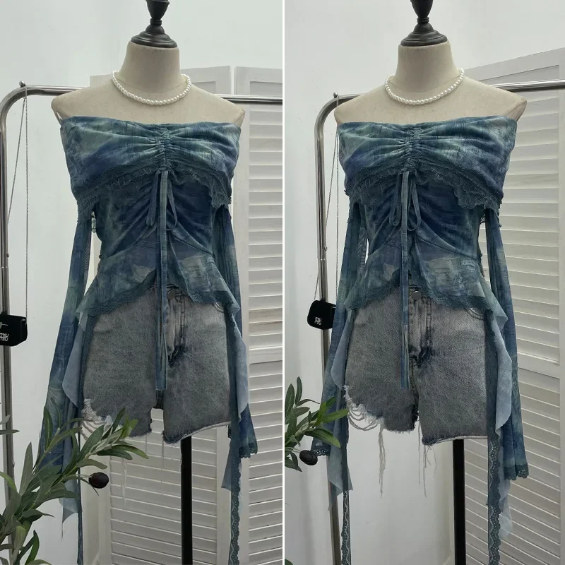 Women's Retro Chic Tie Dye One Shoulder Lapel Top Smudged Mesh Lace Drawstring Lace Up Bell Sleeve T-Shirt Summer Club Wear 8010