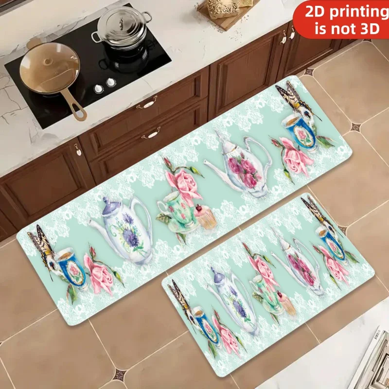 Vintage Afternoon Tea Teapot & Butterfly 100% Polyester  Kitchen Rug, Non-Slip Soft Plush Floor Mat, Delicate Floral Decorativ