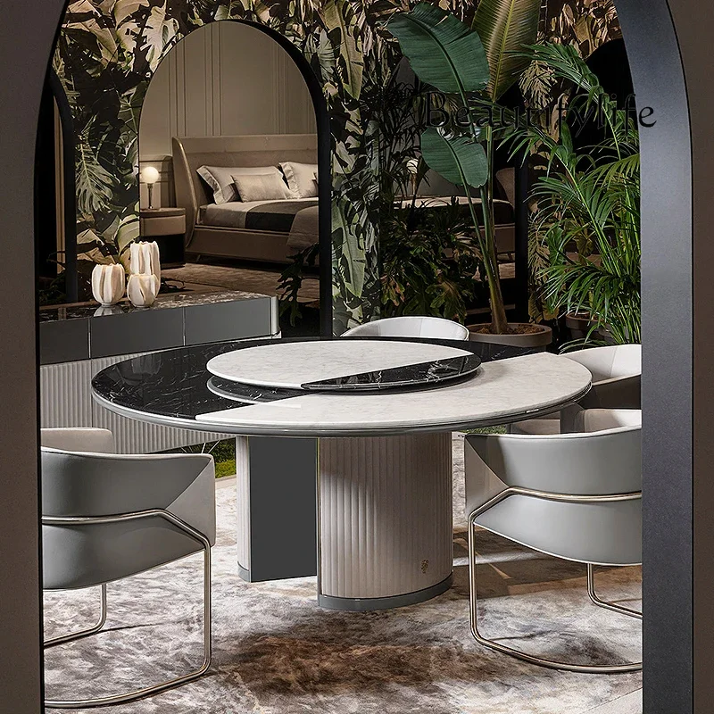 

living room yin and yang marble dining table chair designer Light luxury round marble dining table villa