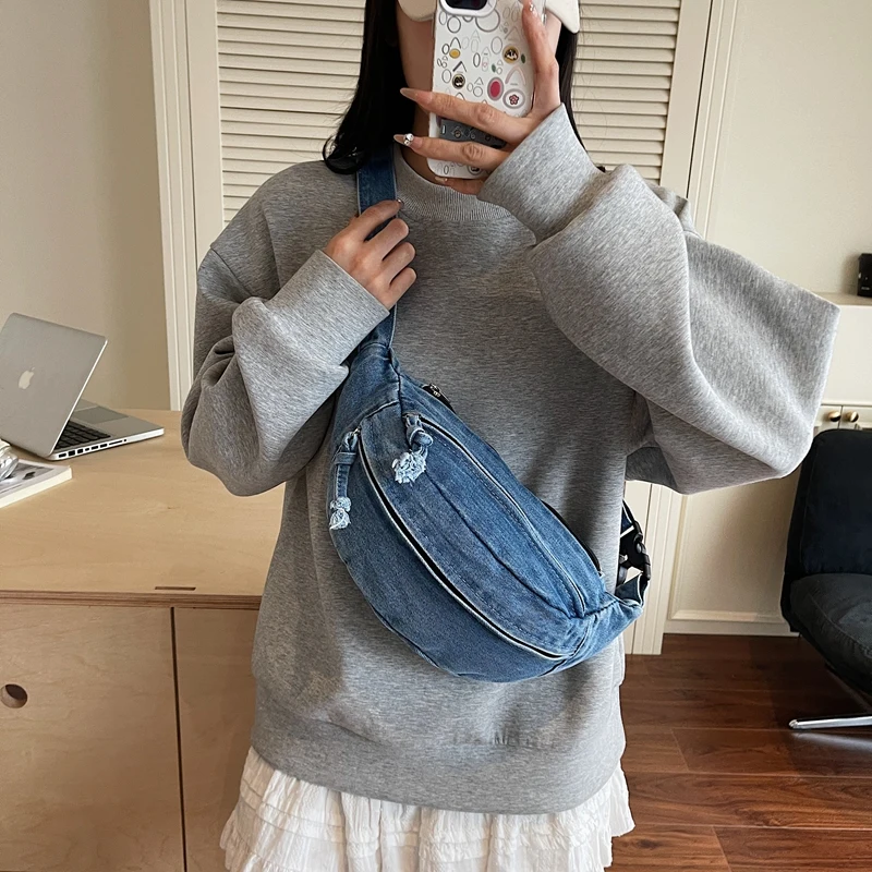 Vintage Women Denim Shoulder Bags, Soft Retro Crossbody Purse, Multi-Layer Travel Handbag, Fashion Casual Chest Bag, Lightweight