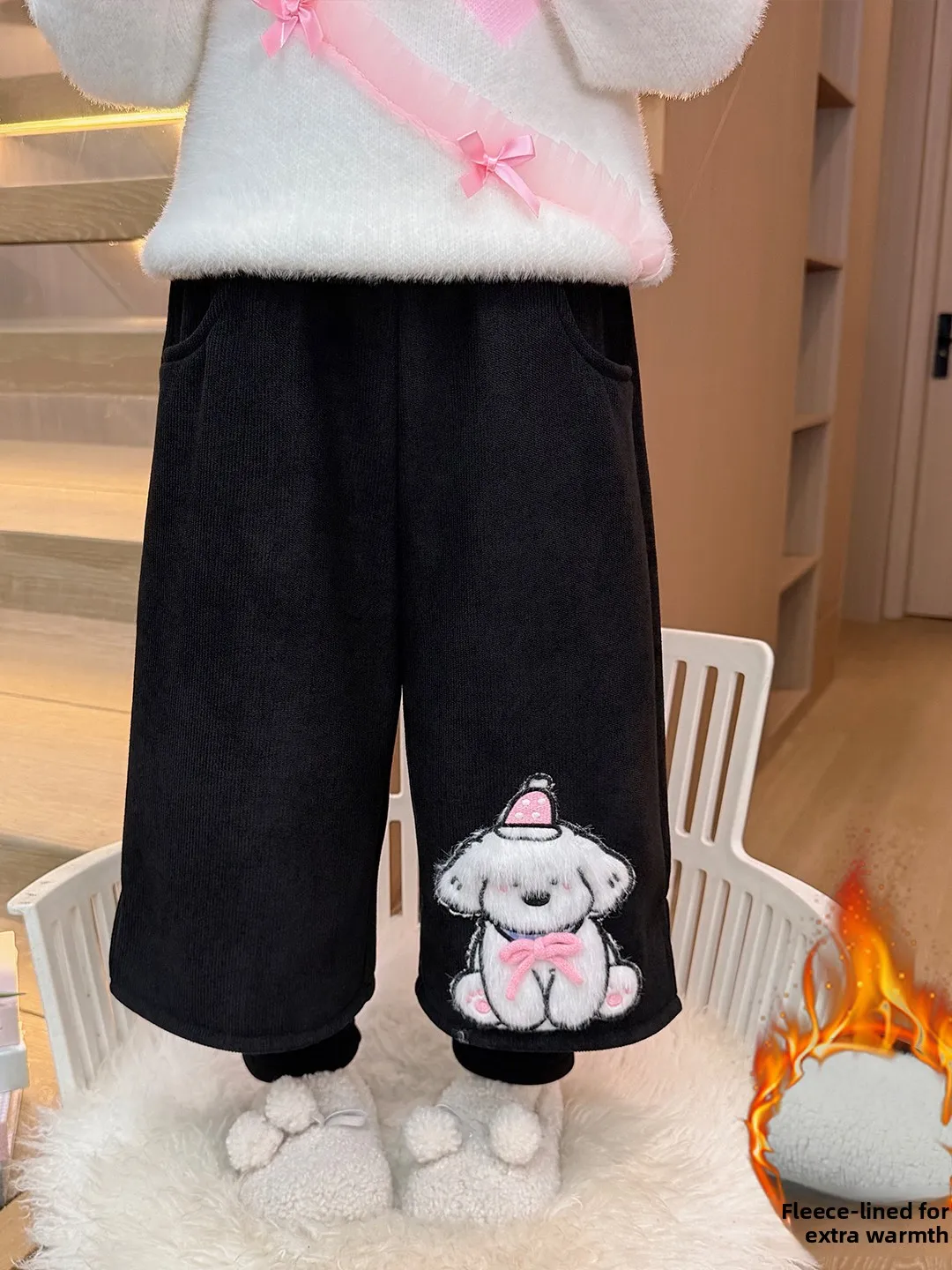 Calças largas forradas com fece para meninas, roupas de inverno, agasalhos de veludo de desenho animado, calças quentes e sli