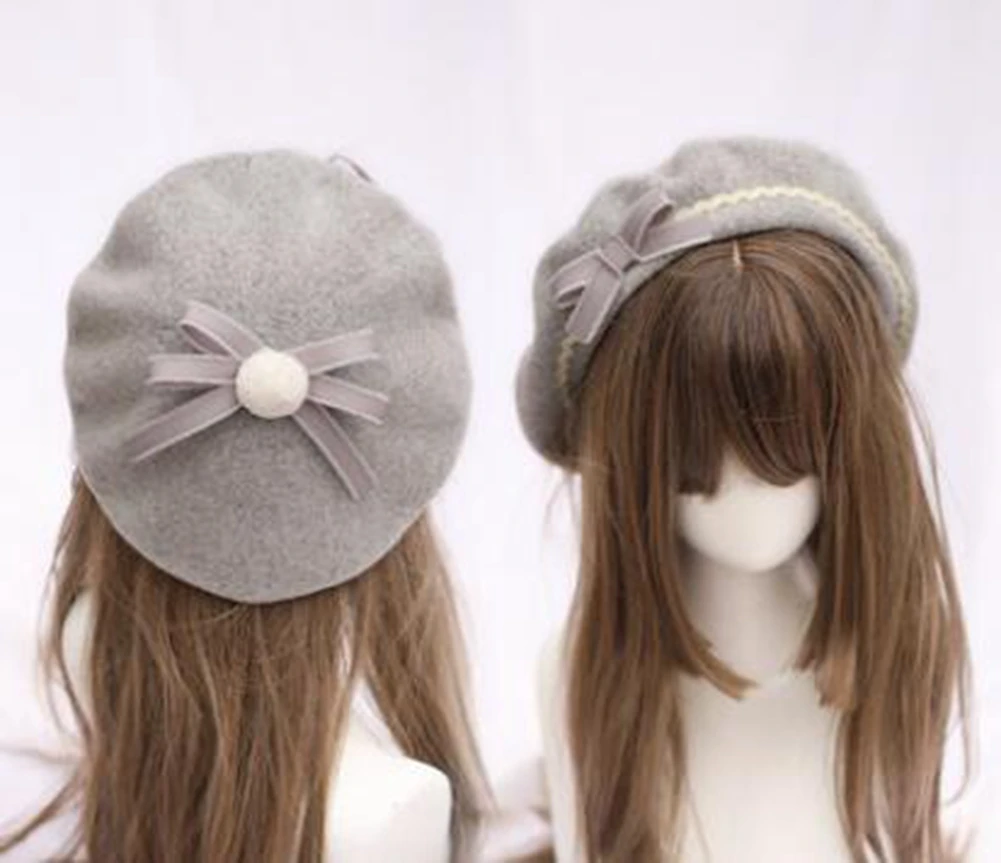 Niedliche Lolita-Baskenmütze für Damen, lässige Mode, koreanische Wolle, Schleife – Detail 5