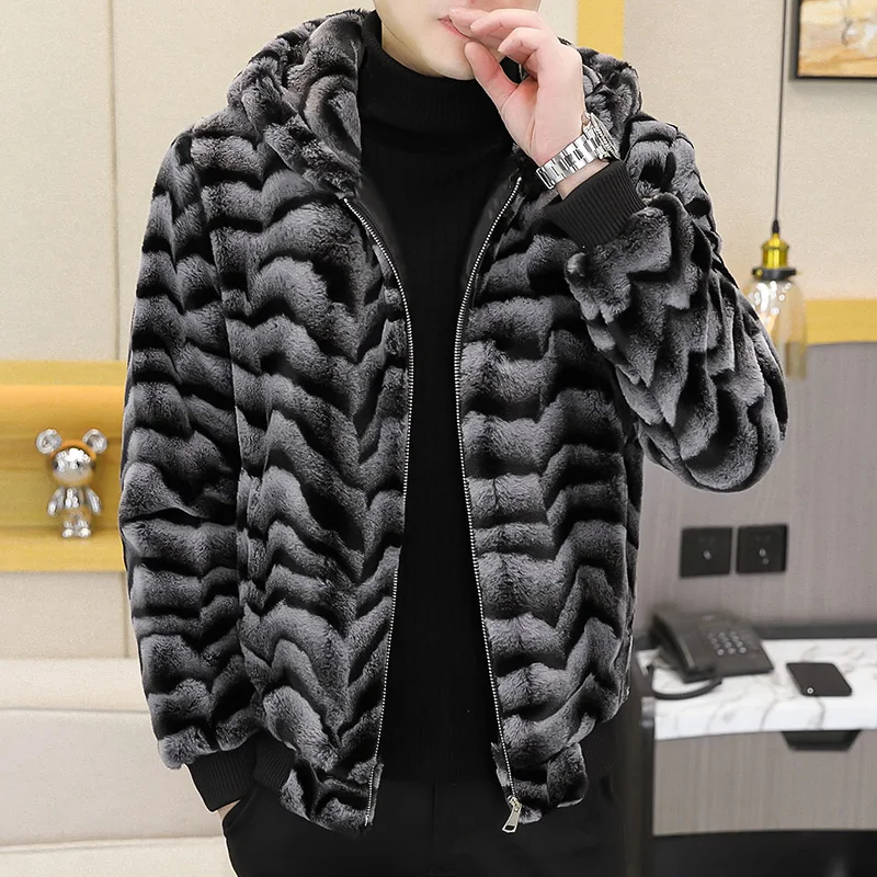 2022 Winter Faux Fur Mink Jackets Men Thicken Warm Imitation Fur Hooded Coat Slim Casual Business Social Jackets Men Clothing