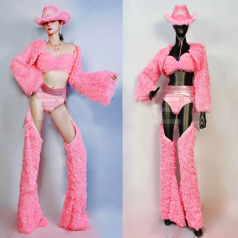 New Party Pink Fur Top Hollow Pants Bar Nightclub Ds Dj Stage Pole Dance Clothes Women Gogo Dance Costume Rave Outfit XS7466