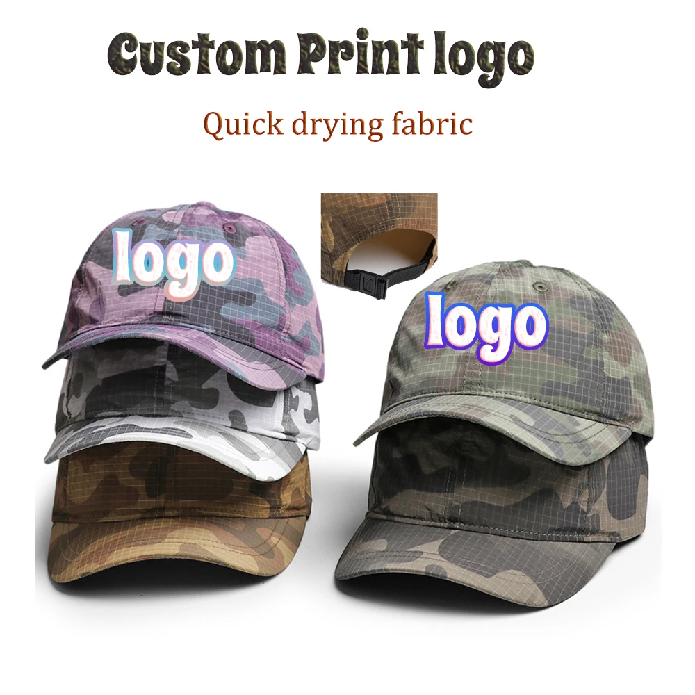 

Камуфляжная быстросохнущая спортивная шляпа с индивидуальным принтом логотипа, летняя легкая и тонкая бейсболка для мужчин и женщин, фуражки с короткими полями