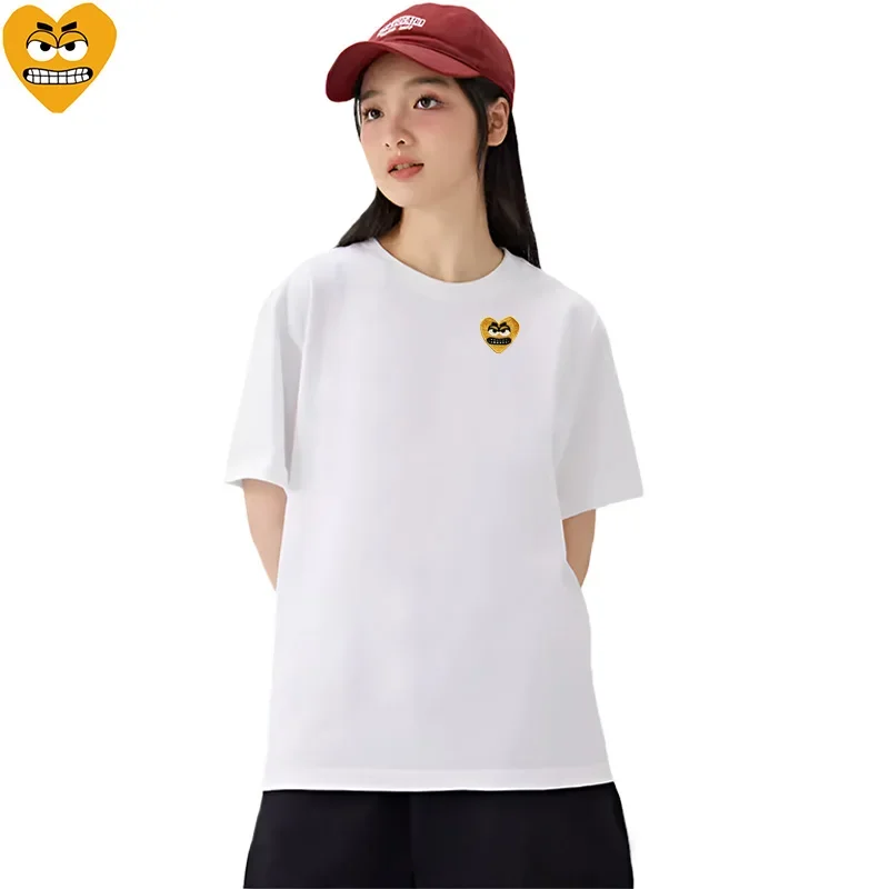 Break Egg Women Short-sleeved T-shirt Cotton Cartoon Cute Snag Heart Embroidery O-neck Straight Lady Summer Solid T-shirt