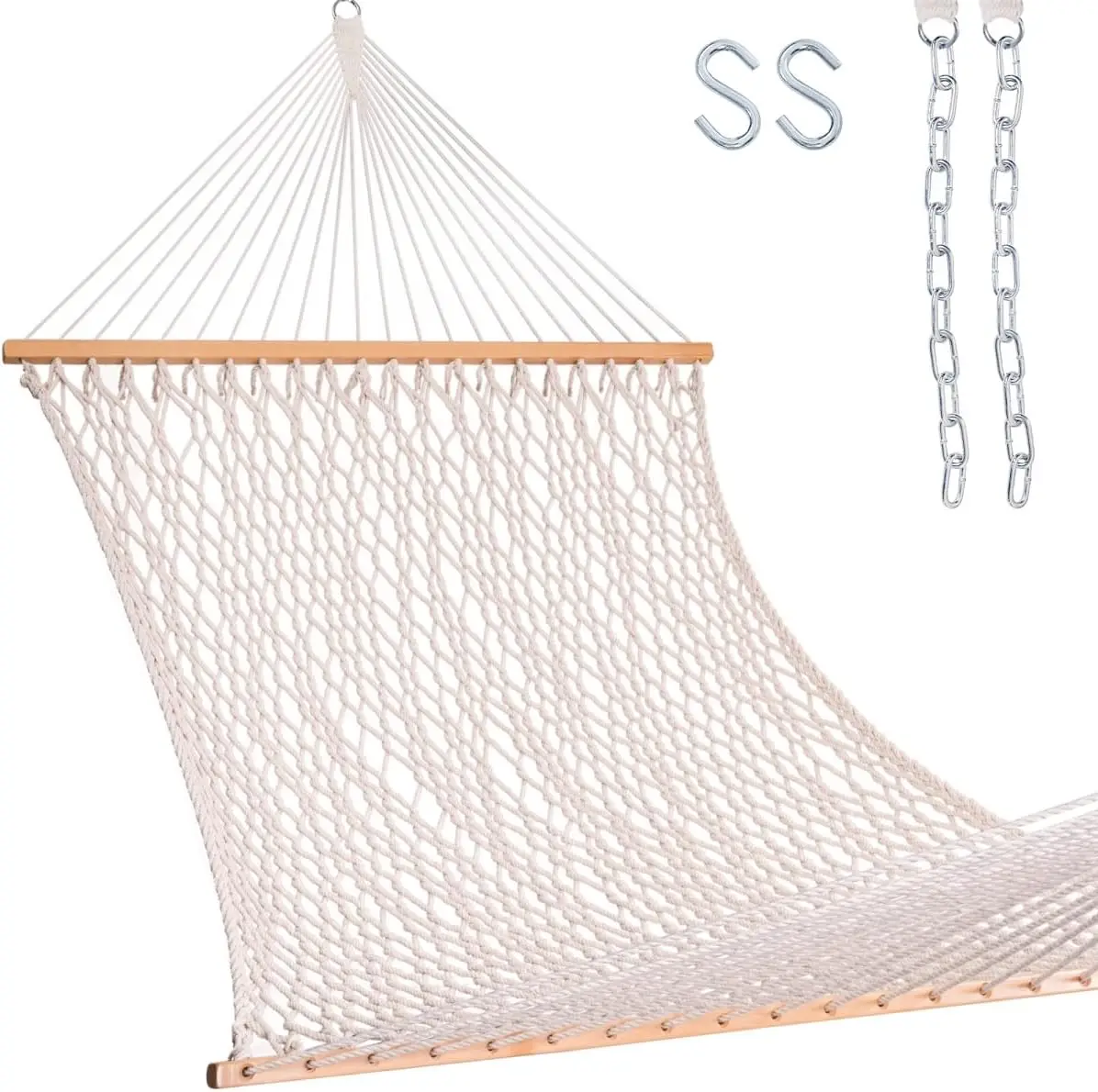 

12FT Double Rope Hammocks, Hand Woven Cotton Hammock with Spreader Bar for Outdoor, Indoor, Patio Yard, Poolside for Two Person