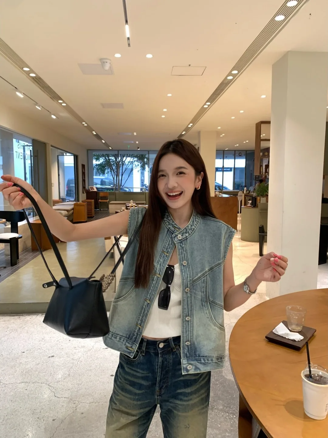 Stylish Denim Jacket Trendy Fashionable 2026 New All-Match Shoulder Vest Top for Girls Streetwear Cotton Polyester Blend