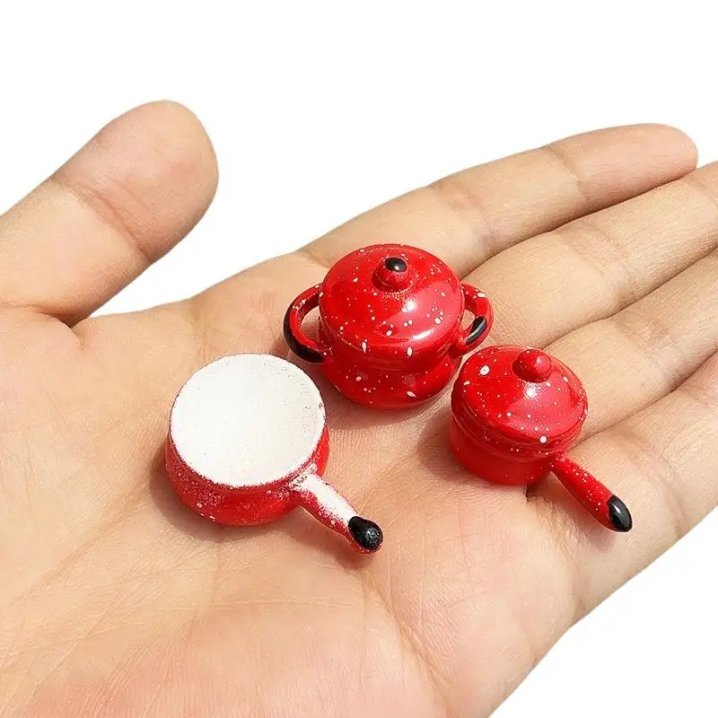 3 uds 1/12 casa de muñecas en miniatura modelo de olla roja muñeca utensilios de cocina para el hogar decoración de la cocina casa de muñecas decoración de escena juguete para juego de imitación
