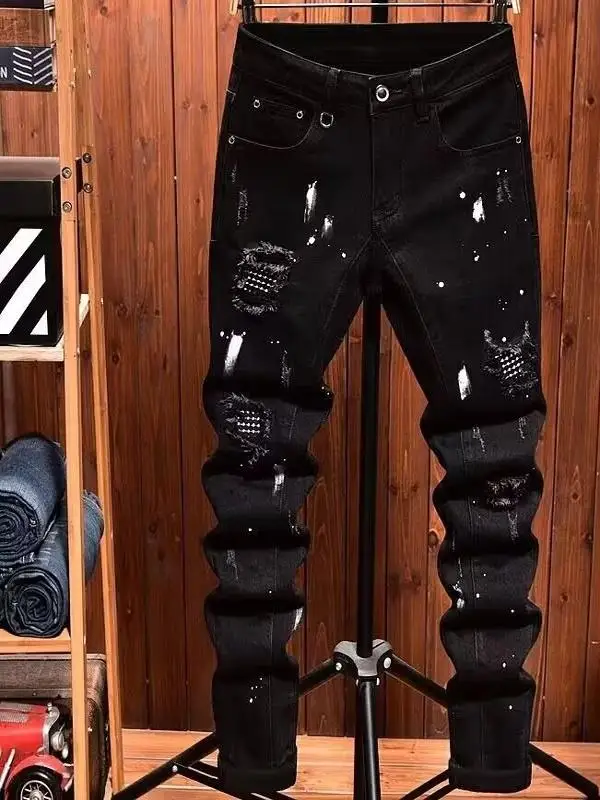 

Мужские зауженные джинсы из Гонконга с рваным и заплаточным дизайном для осени, молодежные, износостойкие, длинные брюки