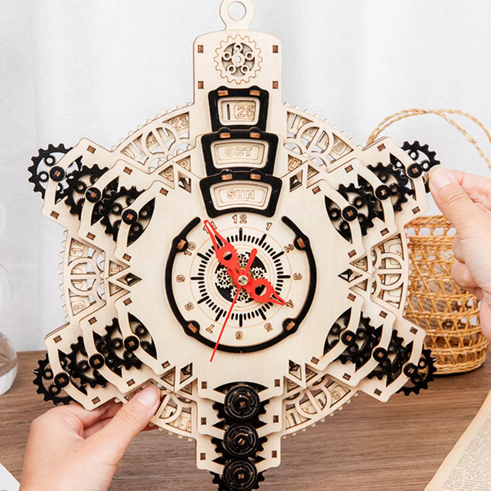 Perpetual Calendar Child Decor Clock Model Kit Wood Pendulum Kids Puzzle Ornament