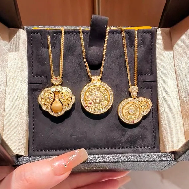 24k Gold Plated Chinese Traditional Lucky Blessing Rotatable Pendant Inlaid Cubic Zircon Ruyi Gourd Coin Wealth Attracting Good